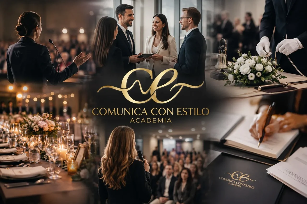 Collage de ceremonias, eventos y oratoria con el logotipo de Comunica con Estilo Academia